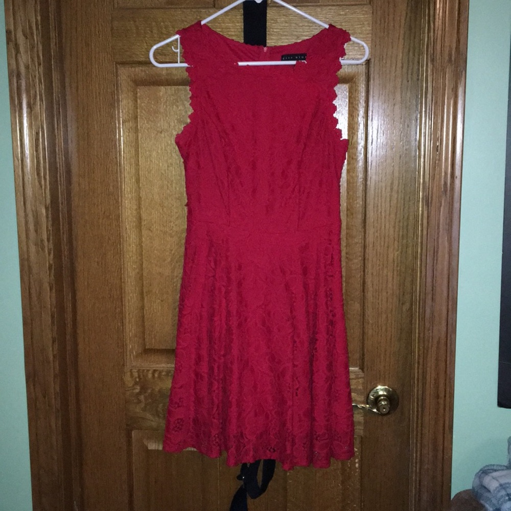 Red lacey shoulderless dress